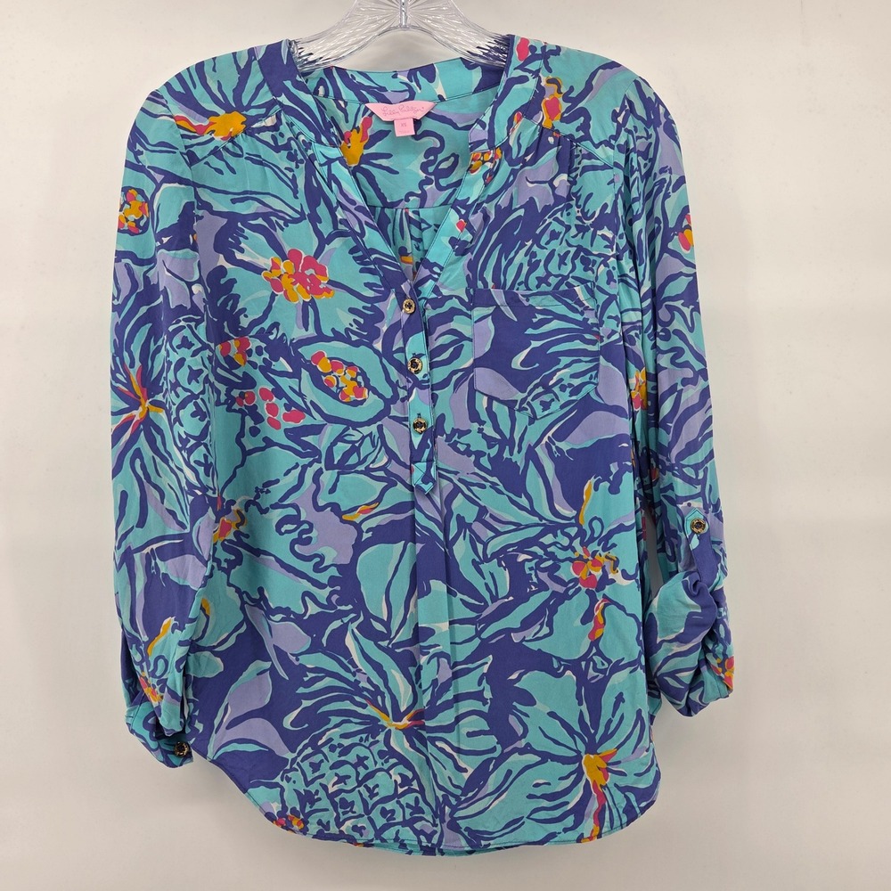 Lilly Pulitzer Elsa Top XS‎ Blue Purple Floral Pineapple Silk Beach Preppy